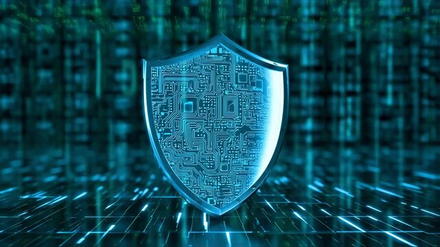 Digital shield graphic, circuits embedded, against data background. Blue tones create techy aesthetic