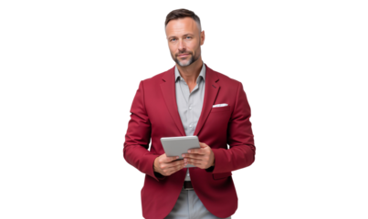 Confident successful mature businessman in red blazer holding a digital tablet, isolated on white background