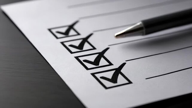 Checklist with black check marks on white paper and pen on dark surface symbolizing task completion organization office business list and paper for effective task management and organization