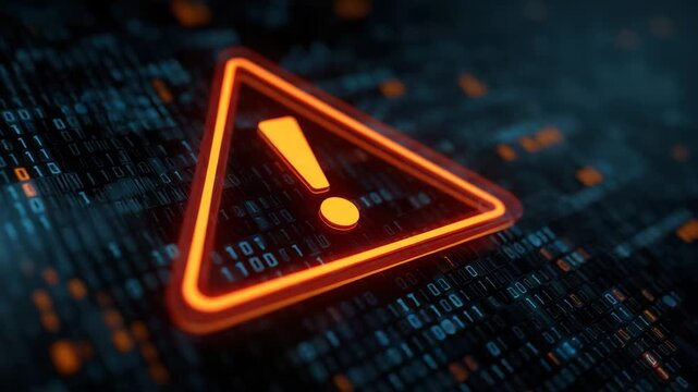 Glowing orange warning sign with exclamation mark on digital binary code background symbolizing alert caution and warning triangle for cybersecurity and technology alert caution exclamation code - Powered by Adobe