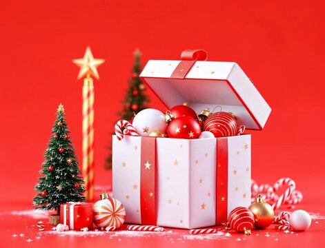 Christmas video with open white gift box full of red and gold ornaments, candy canes, and mini Christmas trees on red background, festive New Year composition and holiday celebration scene

