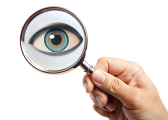 
Hand holding a magnifying glass with a eye sign simple on a white background