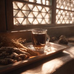 따뜻한 햇살이 비치는 아침, 신선한 인삼과 약초로 우려낸 한방차가 담긴 찻잔