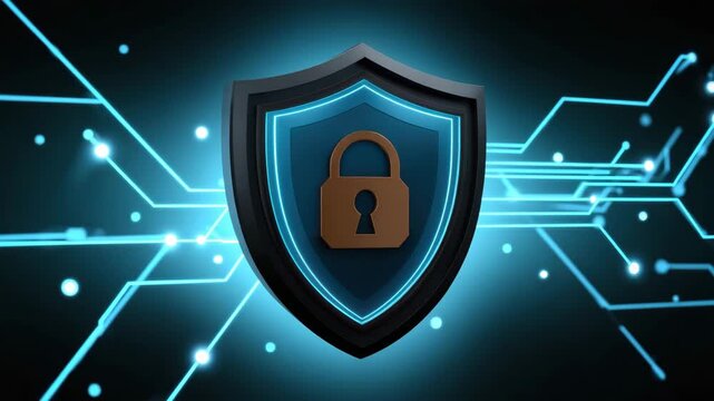 Blue glowing shield with lock symbol in digital network background representing cybersecurity, data protection, secure technology, and advanced network security concepts