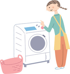 洗濯機のスイッチを入れる女性