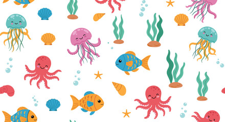 A cheerful underwater scene with cute cartoon sea creatures and plants.