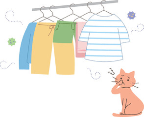生乾き臭がする洗濯物と猫