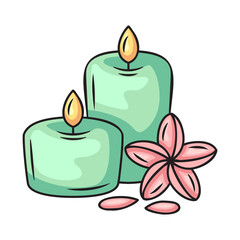 Two Green Candles With Lit Flames And Pink Flower Blossom On Transparent Background