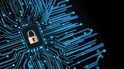 Digital security technology featuring blue glowing electronic circuit with central lock symbol ensuring data protection and network security in advanced digital electronic environment - Powered by Adobe