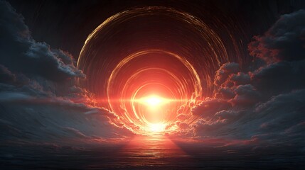 Fototapeta premium Dramatic Orange Portal or Sunset Ring in Dark Cloudy Sky Fantasy Concept 