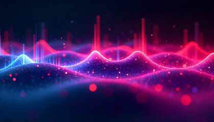 3d render of a vibrant, abstract representation of light waves in various neon colors against a dark background. Synthwave style music equalizer. Visualization of fluctuations