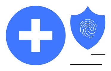 Fototapeta premium Medical cross within a blue circle alongside a shield with a fingerprint. Ideal for healthcare, security, data privacy, biometrics, digital protection, safety, cyber defense. Simple flat metaphor