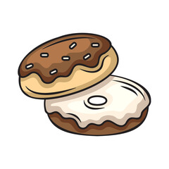 Two Cartoon Donuts Stacked One with Chocolate Frosting and Sprinkles the Other with Vanilla Frosting on White Background