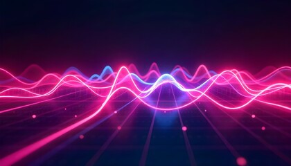 3d render of a vibrant, abstract representation of light waves in various neon colors against a dark background. Synthwave style music equalizer. Visualization of fluctuations