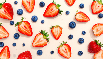 Flat lay of sliced strawberries and blueberries on a neutral background, emphasizing a clean organic design