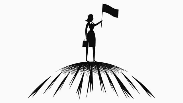 Triumphant businesswoman plants flag atop peak celebrating career success and leadership goals achieved - Powered by Adobe