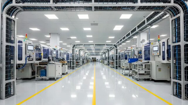 Modern factory interior with automated assembly lines and bright lighting