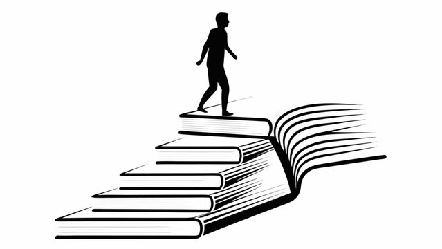 Achieve your goals through education, man climbing book stairs to knowledge and success