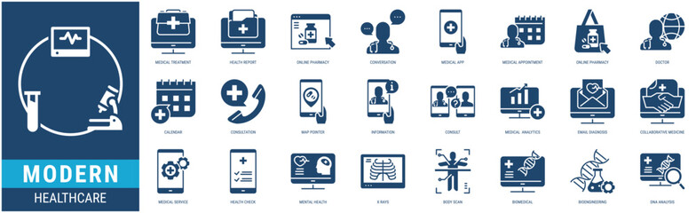 MODERN HEALTHCARE Icon Set containing medical treatment, health report, online pharmacy, conversation, medical app, medical appointment icons. Glyph style collections.