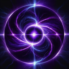 Obraz premium Abstract swirling vortex of purple and blue energy with bright light at the center and glowing electrical arcs extending outwards