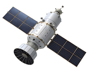 Fototapeta premium Satellite with solar panels and antenna in space, detailed 3D rendering of a communication satellite orbiting Earth
