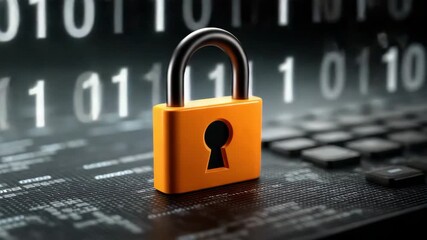 Orange padlock security concept with digital binary code and keyboard background symbolizing cybersecurity data protection lock technology and digital code futuristic binary data protection - Powered by Adobe