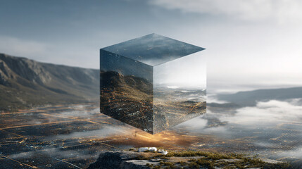 Transparent cube hovers above a glowing digital grid terrain, hyperrealistic. Evokes futuristic technology, virtual landscapes, precision, and the intersection of geometry with digital innovation and 