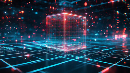 Transparent cube hovers above a glowing digital grid terrain, hyperrealistic. Evokes futuristic technology, virtual landscapes, precision, and the intersection of geometry with digital innovation and 