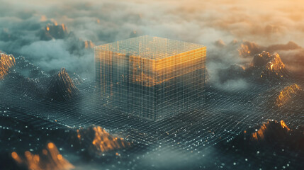 Transparent cube hovers above a glowing digital grid terrain, hyperrealistic. Evokes futuristic technology, virtual landscapes, precision, and the intersection of geometry with digital innovation and 