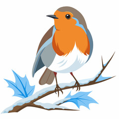 Color vector illustration of a robin perched on a snowy branch