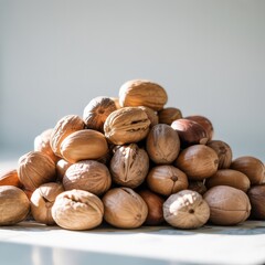 A large pile of fresh walnuts in their shells, illuminated by natural light.