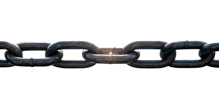 Forged Steel Chain Close Up Linking Together with Highlighted Link in the Middle Against Black Background