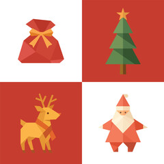 Minimalist origami-style Christmas illustration featuring Santa Claus, reindeer, gift bag, and Christmas tree in geometric folded paper design with warm festive colors and Scandinavian