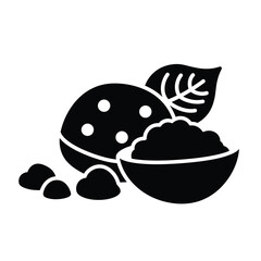 Whole coconut and shredded coconut in bowl with leaves and kernels silhouette silhouette