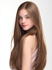 Fototapeta premium A young woman with long straight brown hair is posing elegantly, showcasing her beautiful hairstyle.