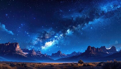 Vibrant Starry Night Sky Over Arid Mountainous Landscape in Deep Blues and Brown Hues with Scattered Vegetation and Glimmering Starlight