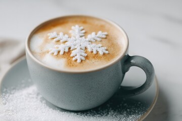 Obraz premium Frothy coffee topped with snowflake design, cozy winter vibe, fe