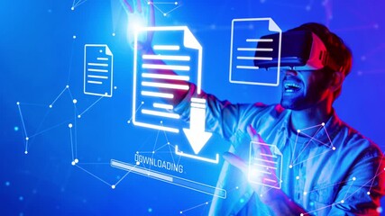 A young man wearing a virtual reality headset interacts with digital documents and data, showcasing the exciting intersection of technology and innovation in a modern environment. Raster - Powered by Adobe