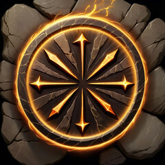 Mystical ancient rune wheel glowing with fiery energy surrounded by rough stone texture, evoking power and ancient magic.