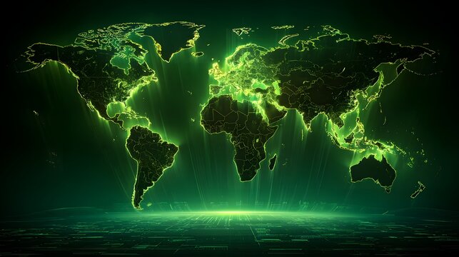 Green Global Digital Network Map with Glowing Cyber Connection and Big Data Flow
