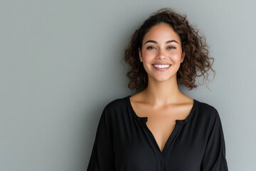 Smiling woman with curly hair in black shirt against gray backgr