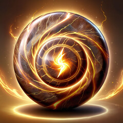 Mysterious glowing orb with swirling energy and a lightning bolt symbol at its core, radiating power and light against a dark background.