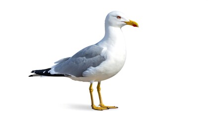 Obraz premium A single seagull, standing in profile against a clean white background, looking to the right
