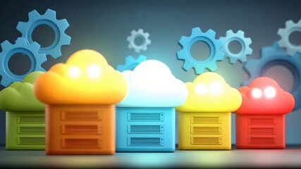 Colorful glowing cloud server icons with blue gear wheels and network elements representing digital technology, data storage, and cloud computing concepts with vibrant digital data management features - Powered by Adobe