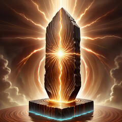 Mystical obelisk with glowing energy and lightning bolts emanating from a celestial event, symbolizing power and cosmic forces