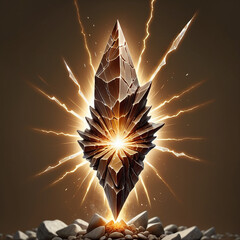A sharp, faceted brown crystal emits a bright golden light with energetic rays radiating outwards, surrounded by scattered stones against a muted background.