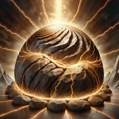 Massive carved stone sphere crackles with intense golden energy, surrounded by smaller stones under a dramatic sky