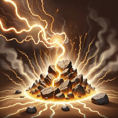 Powerful electrical energy surges through a pile of rocks, creating a brilliant golden glow and radiating outward with dramatic lightning strikes.