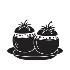 Stylized tomato salt and pepper shakers on a saucer food kitchen kitchenware graphic silhouette