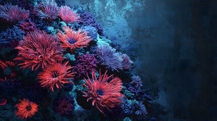 Vibrant Glowing Anemone Flowers in Dark Underwater Cave Environment